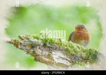 Peinture numérique aquarelle d'un rouge-gorge européen, erithacus rubecula dans un habitat naturel de bois britannique. Banque D'Images