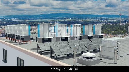 Installation de panneaux d'énergie solaire et d'éoliennes avec stockage de batteries sur le toit d'une tour, 3D Illustration Banque D'Images