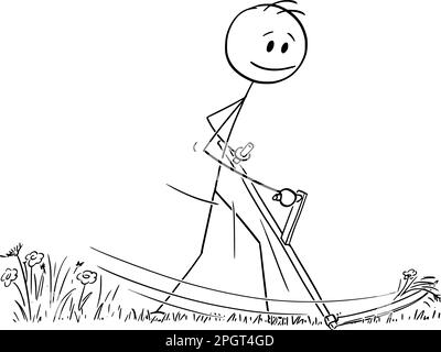 Faucher de l'herbe sur la prairie avec scythe , dessin animé vectoriel en bâton figure ou illustration de caractère. Illustration de Vecteur