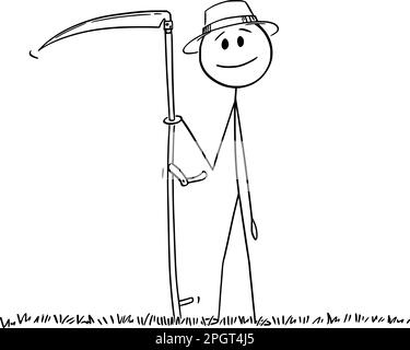 Fermier avec scythe fauchant de l'herbe sur la prairie, dessin animé vectoriel de bâton figure ou illustration de caractère. Illustration de Vecteur