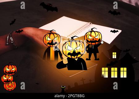 Journée de détente à la maison avec des dessins d'Halloween la citrouille du diable et le château partout dans la maison : concept Halloween festival et activités de la maison Banque D'Images