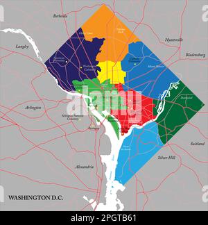 Carte vectorielle très détaillée de Washington D.C. avec huit quartiers, zone métropolitaine et routes principales. Illustration de Vecteur