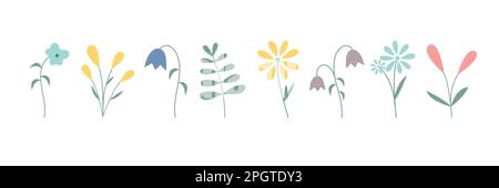 Ensemble simple de fleurs et de feuilles d'oodle dessinées à la main. Illustration d'éléments vectoriels tendance. Illustration du printemps. Collection florale Illustration de Vecteur