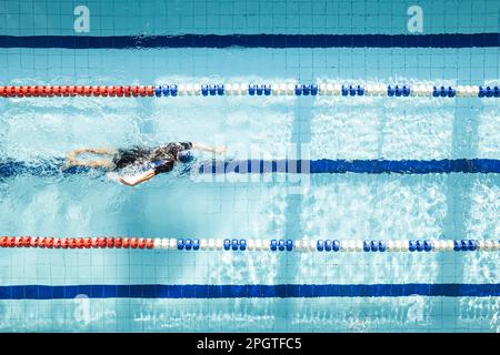 Vue de dessus de jeunes hommes natation longueurs dans la piscine. Un nageur homme qui nage sur la première rue dans une piscine. nage. Banque D'Images