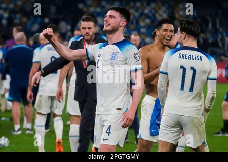 Le défenseur de l'Angleterre Declan Rice (jambon de l'Ouest) lors des qualifications européennes match l'Italie contre l'Angleterre au stade Diego Armando Maradona à Naples, dans le sud de l'Italie, sur 23 mars 2023. Banque D'Images