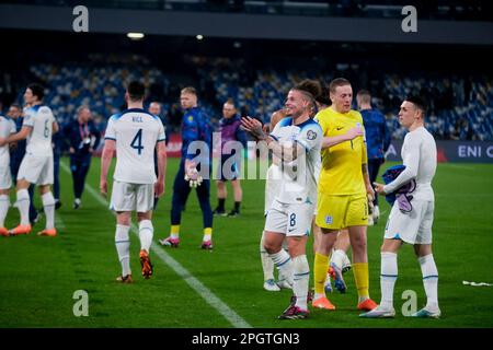 Le milieu de terrain d'Angleterre, Kalvin Phillips (ville de Manchester), lors des qualifications européennes, se situe entre l'Italie et l'Angleterre au stade Diego Armando Maradona à Naples, dans le sud de l'Italie, sur 23 mars 2023. Banque D'Images