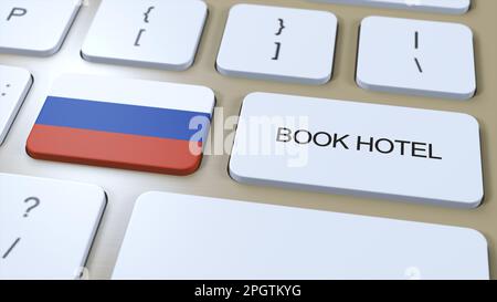 Réserver hôtel en Russie avec site en ligne. Sur le clavier de l'ordinateur. Animation du concept de voyage 3D. Réservez le texte de l'hôtel et le drapeau national. 3D illustration Banque D'Images