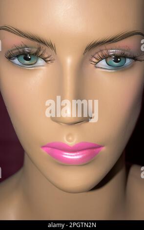 Femme mannequin visage avec nez, bouche et lèvres peint rose, yeux bleus verticalement Banque D'Images