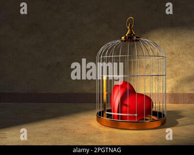 Un cœur rouge maintenu fermé dans une cage métallique brillante. Illustration numérique. Banque D'Images