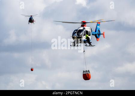 Bad Zwischenahn, Allemagne. 24th mars 2023. Des hélicoptères de police de Basse-Saxe (front) et de Saxe survolent un aérodrome avec des conteneurs d'eau de lutte contre les incendies appelés Bambi Buckets. Des escadrons d'hélicoptères de police de Basse-Saxe, de Saxe et de Bavière répètent pour des urgences pendant deux jours dans le district d'Ammerland en Basse-Saxe. Environ 60 policiers et pompiers s'exerteront à combattre les incendies de forêt et de forêt depuis les airs jusqu'à samedi, crédit: Hauke-Christian Dittrich/dpa/Alamy Live News Banque D'Images