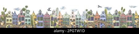 Panorama urbain avec de jolies maisons, des ponts en pierre, des arbres et des lanternes. Illustration aquarelle. La frontière estivale de la collection DE MAISONS EUROPÉENNES Banque D'Images