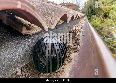 Boule en plastique pour protéger la gouttière des feuilles, de la mousse, du fumier, de la boue et d'autres débris, placée sur une gouttière sous un toit carrelé Banque D'Images