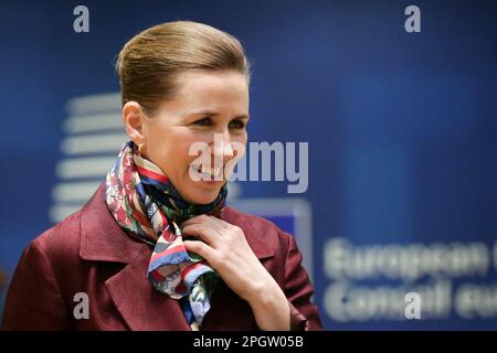 Bruxelles, Belgique. 24th mars 2023. Le Premier ministre du Danemark, Mme Frederiksen, arrive à la réunion du Conseil européen et au sommet de l'euro à Bruxelles, Belgique, 24 mars 2023. Credit: Zheng Huansong/Xinhua/Alay Live News Banque D'Images