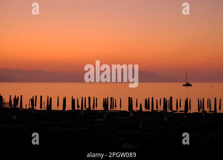 Bateau naviguant dans la mer du coucher du soleil, à travers les montagnes, et des chaises longues sur la plage de Sestri Levante, Ligurie, Italie. Arrière-plan d'été Banque D'Images