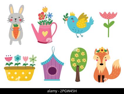 Collection éléments de printemps mignonne. Ensemble de motifs d'été Illustration de Vecteur