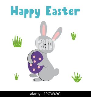 Carte de vœux joyeuses Pâques avec un joli lapin tenant un œuf. Printemps Illustration de Vecteur