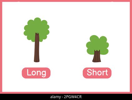 Carte-mémoire éducative des adjectifs opposés, longue et courte. Carte-cadeau avec arbres pour l'école et la maternelle Illustration de Vecteur