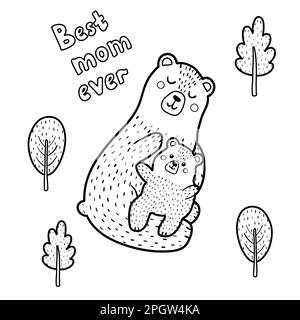 Meilleure page de coloriage de maman avec les ours mignons maman et bébé. Impression noir et blanc Illustration de Vecteur