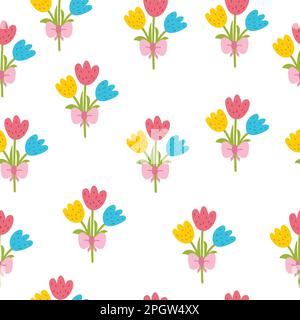Joli motif tulipes sans coutures. Arrière-plan printanier de style dessin animé pour les enfants Illustration de Vecteur