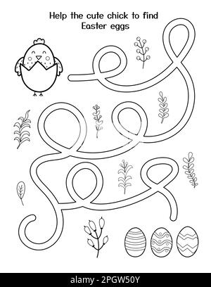 Aidez le petit poussin à trouver des œufs. Jeu de labyrinthe de Pâques pour les enfants. Page d'activité du printemps noir et blanc Illustration de Vecteur