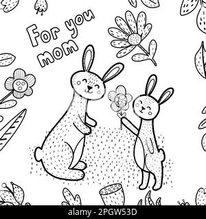 Pour vous maman page de coloriage avec les lapins mignons maman et bébé. Impression noir et blanc Illustration de Vecteur