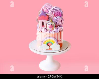 Gâteau d'anniversaire rose mignon pour une petite fille avec licorne fondante, avec biscuits de pain d'épice isolés sur fond rose, orientation horizontale Banque D'Images