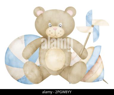 Jouets pour bébés avec ours en peluche. Illustration d'aquarelle dessinée à la main dans des couleurs bleu pastel et beige pour la douche d'enfant sur un arrière-plan isolé. Composition puérile colorée pour cartes de vœux ou invitations. Banque D'Images