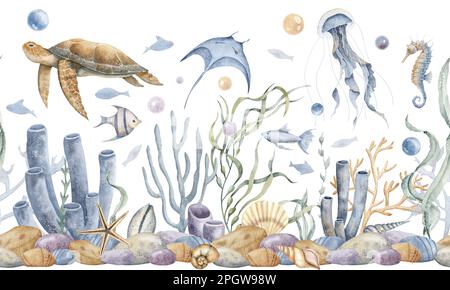 Bannière sous-marine sans couture avec des animaux marins et des poissons sur fond isolé. Illustration de l'aquarelle dessinée à la main avec une flore marine tropicale. Schéma sous-marin avec fond marin, coraux, récifs et algues. Banque D'Images