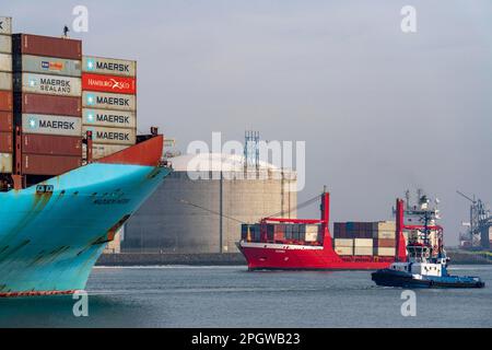 Réservoirs terminaux d'importation de GNL pour le gaz naturel liquide dans le port maritime de Rotterdam, remorqueur portuaire amenant le cargo-conteneur Madison Maersk de son bère Banque D'Images