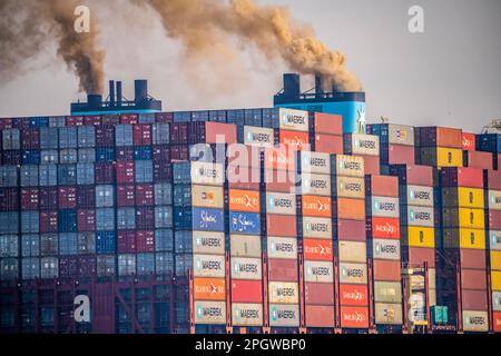 Conteneur cargo Madison Maersk, piles diesel du navire fumeur, Maasvlakte 2, Rotterdam, pays-Bas, Banque D'Images