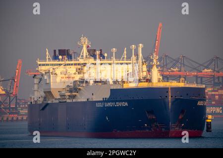 Le méthanier Rudolf Samoylovich, pour gaz naturel liquéfié dans le port maritime de Rotterdam, Maasvlakte2, Rotterdam pays-Bas, Banque D'Images