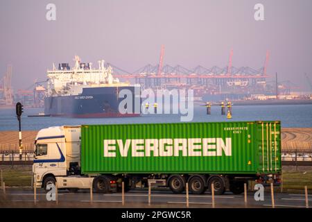 Pétrolier Rudolf Samoylovich, pour gaz naturel liquide dans le port maritime de Rotterdam, Maasvlakte2, camion à conteneurs, Rotterdam pays-Bas, Banque D'Images