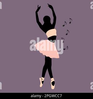 Illustration vectorielle ballet classique. Danseuse de ballet africaine sans visage en tutu rose et en chaussures de pointe dansant avec des notes musicales sur fond violet dans un style plat Illustration de Vecteur