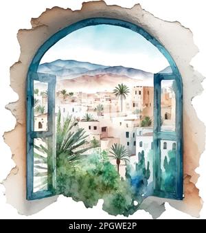 Vue depuis la fenêtre du paysage pittoresque du Maroc en Afrique Illustration de Vecteur