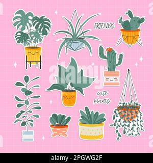 Ensemble de jolis autocollants de plantes de maison kawaii. Illustration de Vecteur