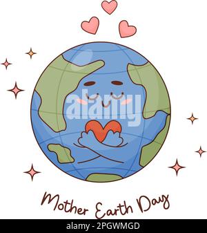 Adorable personnage de dessin animé planète terre avec coeur. Illustration vectorielle. Carte de vœux pour le jour de la Terre dans le style plat pour enfants Illustration de Vecteur