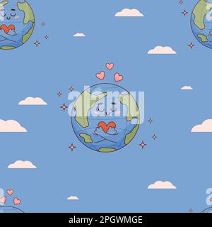 Joli motif sans couture avec personnage de dessin animé planète Terre émaillée avec coeur sur fond bleu avec nuages. Collection Vector Illustration pour enfants, Illustration de Vecteur