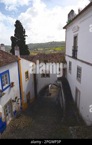 Rue avec marches et Arche dans une vieille ville de Óbidos, Portugal Banque D'Images