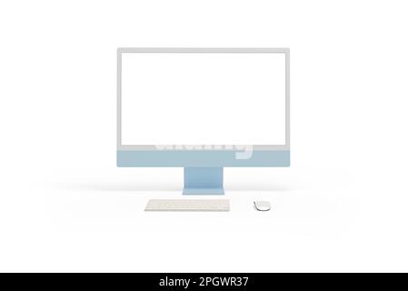 Écran d'ordinateur, clavier et souris isolés en blanc. Vue avant. Écran isolé pour maquette Banque D'Images