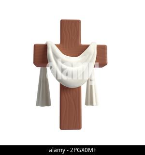 3D Croix en bois d'icône avec tissu blanc, symbole de la résurrection de Jésus-Christ. Il est ressuscité. Illustration de la résurrection de Pâques. Ecriture Banque D'Images