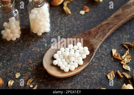 Gros plan des globules homéopathiques blancs. Médecine alternative. Banque D'Images