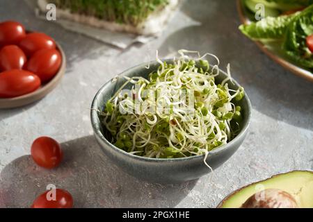 Pousses de radis maison dans un bol, avec des tomates, de l'avocat, des microverts et de la salade en arrière-plan Banque D'Images