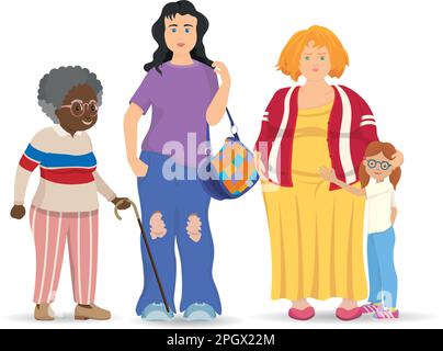 Famille reconstruite composée d'une grand-mère afro-américaine avec une canne et des verres, deux jeunes mères, une grosse et une maigre, et une jeune fille Illustration de Vecteur
