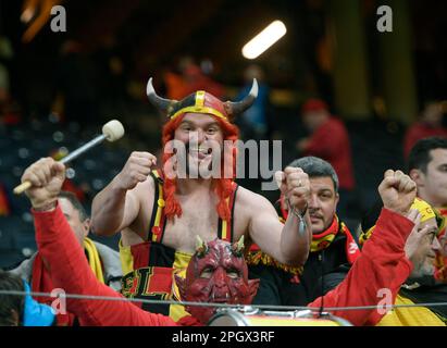Les supporters belges lors du match de football du groupe F de l'UEFA Euro 2024 entre la Suède et la Belgique au stade Friends Arena, Stockholm, Suède, 24 mars Banque D'Images