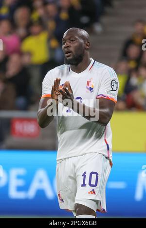 Solna, Suède. 24th mars 2023. Le Romelu Lukaku de Belgique réagit lors d'un match de football entre l'équipe nationale suédoise et les Red Devils de Belgique, à l'Friends Arena, à Solna, en Suède, le vendredi 24 mars 2023, le premier match de qualification Euro 2024 (sur 8). BELGA PHOTO VIRGINIE LEFOUR crédit: Belga News Agency/Alay Live News Banque D'Images