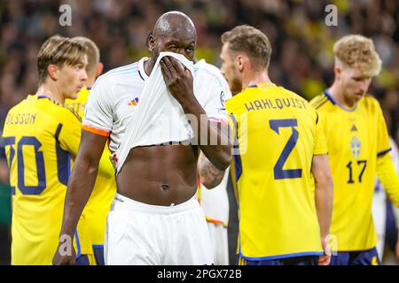 Solna, Suède. 24th mars 2023. Le Romelu Lukaku de Belgique réagit lors d'un match de football entre l'équipe nationale suédoise et les Red Devils de Belgique, à l'Friends Arena, à Solna, en Suède, le vendredi 24 mars 2023, le premier match de qualification Euro 2024 (sur 8). BELGA PHOTO VIRGINIE LEFOUR crédit: Belga News Agency/Alay Live News Banque D'Images