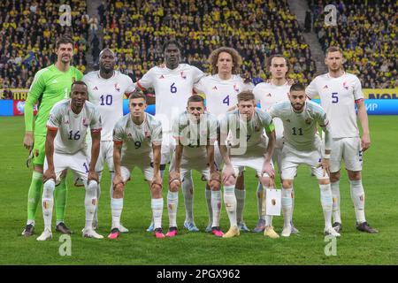 Solna, Suède. 24th mars 2023. Les joueurs de Belgique photographiés au début d'un match de football entre l'équipe nationale suédoise et les Red Devils de Belgique, à la Friends Arena, à Solna, Suède, le vendredi 24 mars 2023, le premier (sur 8) match de qualification Euro 2024. BELGA PHOTO VIRGINIE LEFOUR crédit: Belga News Agency/Alay Live News Banque D'Images