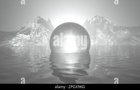 Conceptuel 3D rendu Illustration de la fonte du cube de glace de la sphère dans l'eau avec le paysage de montagne de glace. Banque D'Images