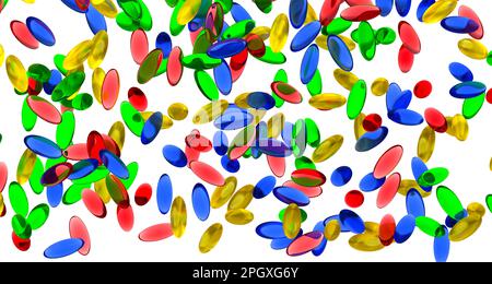 Beaucoup de 3D ont rendu multi-coloré gel comprimés de pilule tombant sur fond blanc. Banque D'Images