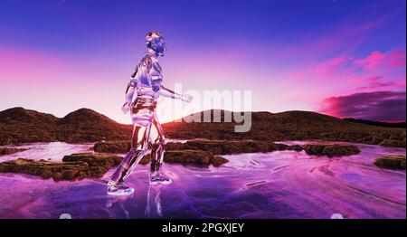 3D Illustration de voir à travers l'homme marchant sur de l'eau de couleur magenta dans un paysage de désert rocheux. Banque D'Images